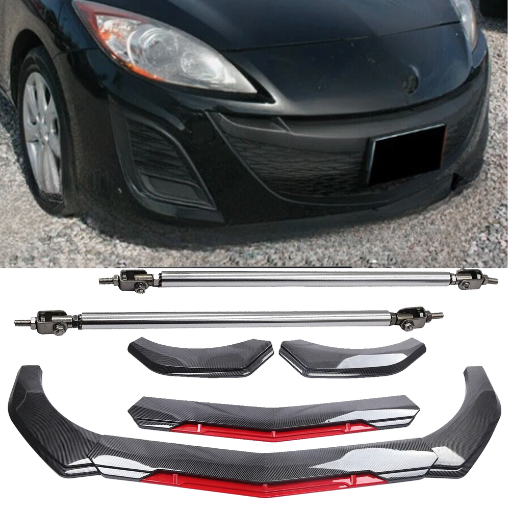 2010-2013 Mazda 3 Carbon Fiber Front Bumper Lip Spoiler Splitter with Strut Rods