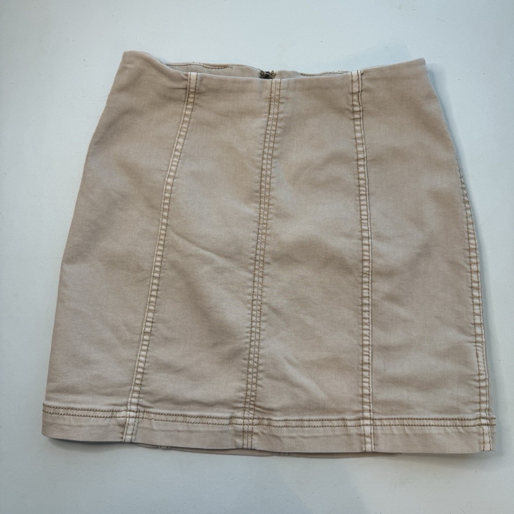 Free People Mini Skirt Size 2 Tan Striped Back Zip Cotton Boho Chic Career