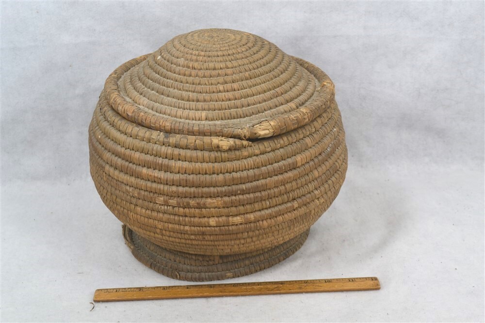 antique early coil basket w/lid Southeast Native American 11.5 across original