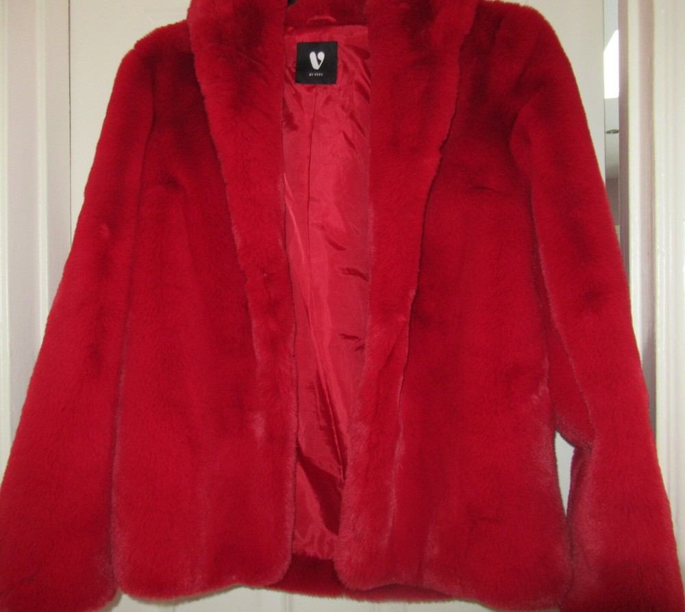 LADIES VERY RED FAUX FUR COAT size 10