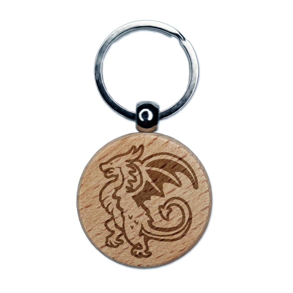 Fierce Wyvern Dragon Fantasy Silhouette Engraved Wooden Keychain Charm