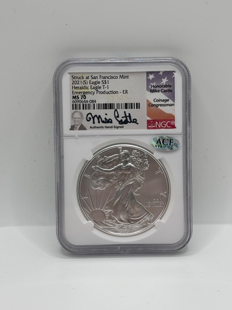 STRUCK AT SAN FRAN 2021S SILVER HERALDIC EAGLE T-1 EMERGENCY PRODUCTION MS70