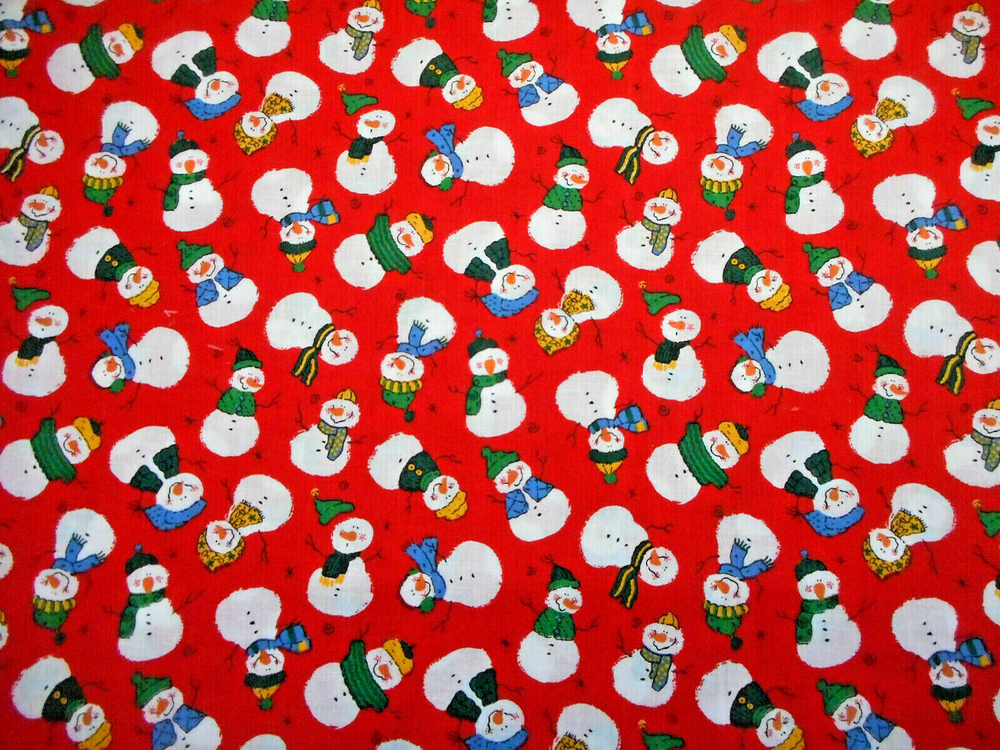 Christmas Fabric 1 Yard Smiling Snowmen in Hats & Scarves on Red Cotton #2 Vtg