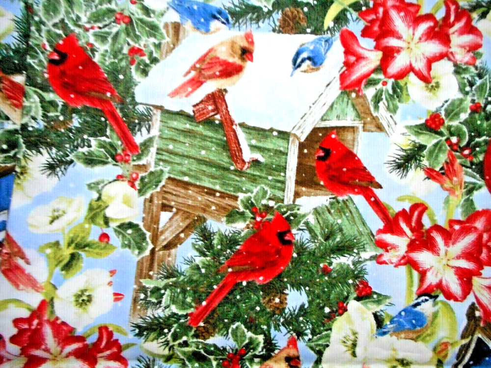 Cotton Fabric Yard Sale - Cardinal Christmas Birdhouse Floral Snow Pattern #46 #C-image
