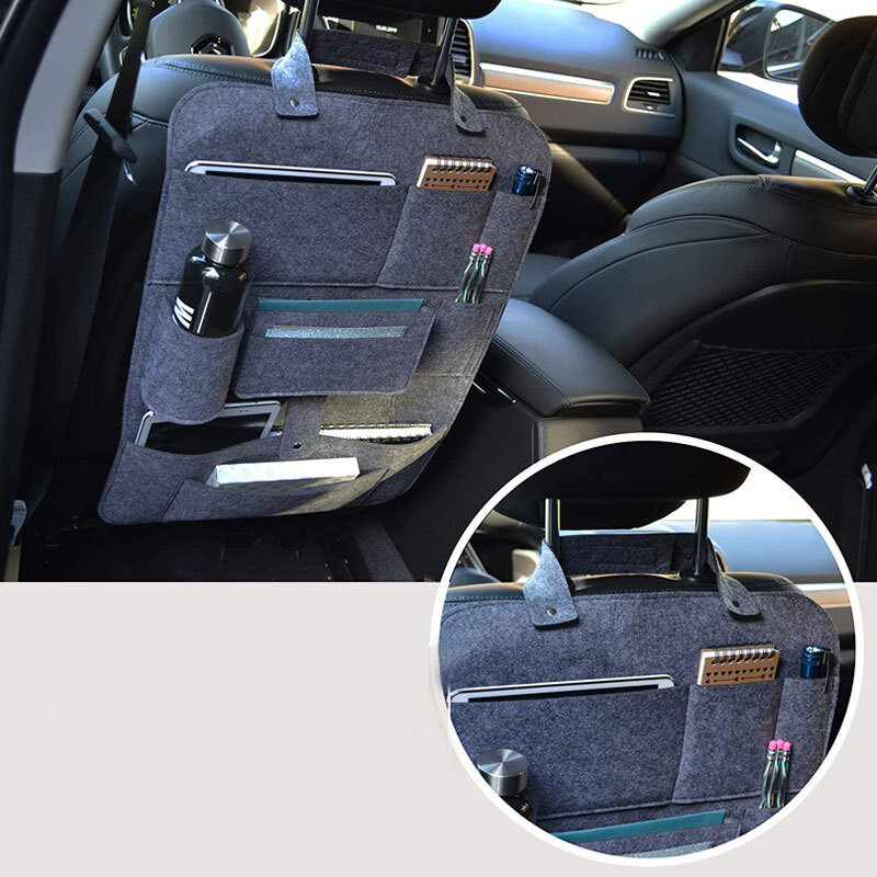 Multi-function gray felt car seat organizer with anti-kick mat
