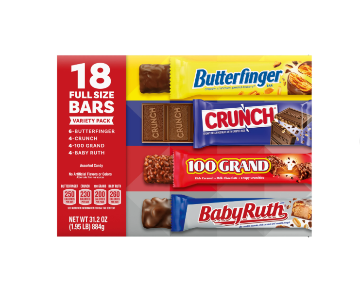 Assorted Full Size Candy Bars - Butterfinger, CRUNCH, Baby Ruth & 100 Grand