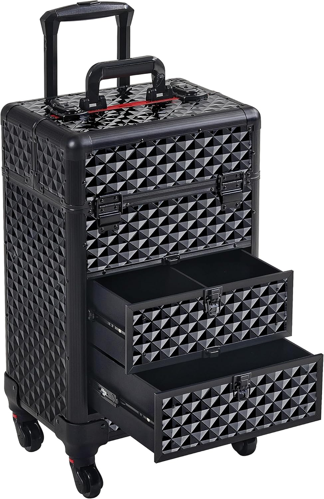 Rolling Makeup Train Case with Drawers Professional Nail Tech Travel Case Cosmet