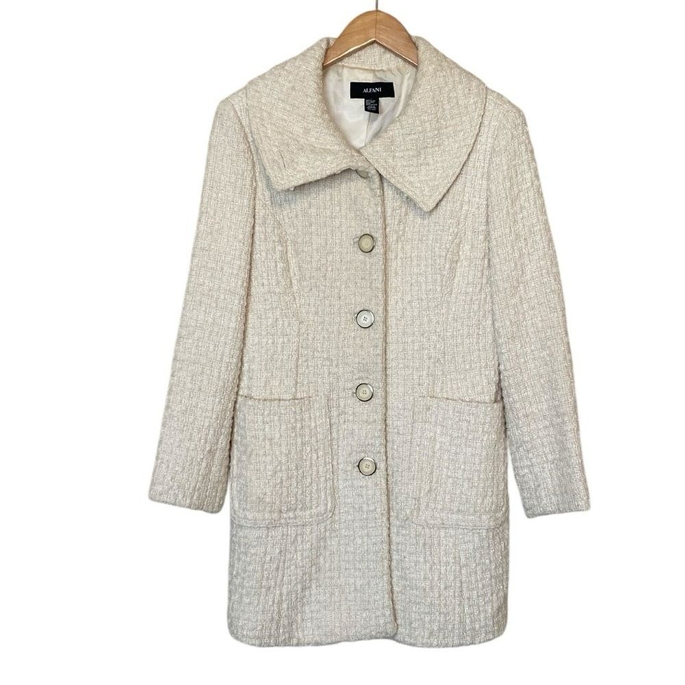 Alfani Creme Tweed Lined Midi Button Front Peacoat 6