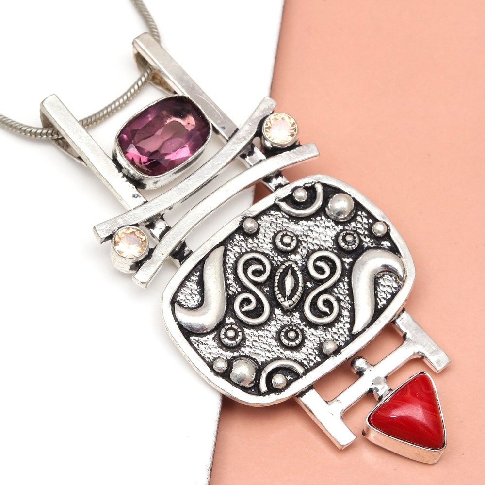 Rhodonite Coral Gemstone Handmade Silver Pendant for Mother’s Day 3.25 Inch