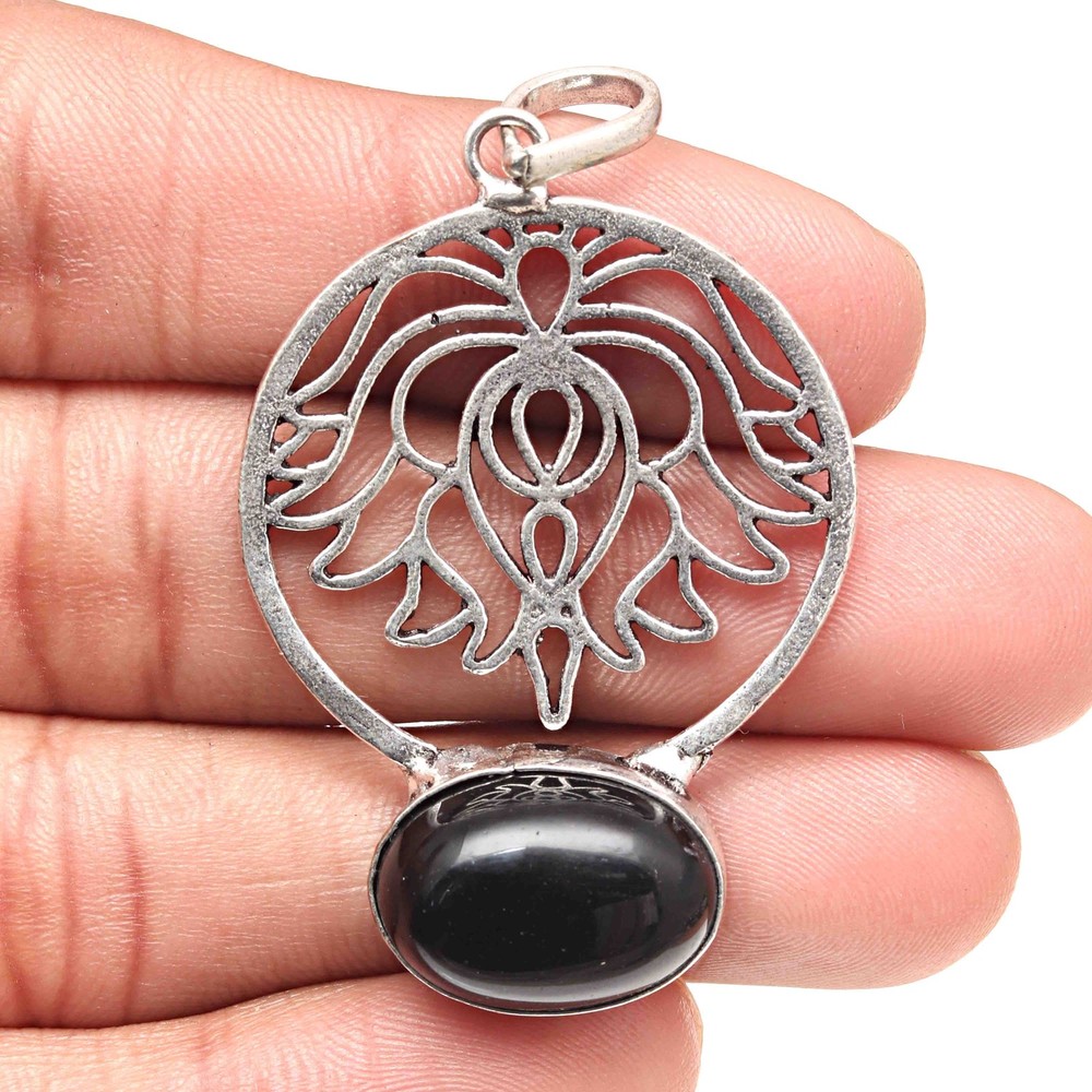 Black Spinal Gemstone Silver Pendant Valentine's Day Jewelry Gift 2.25 Inch