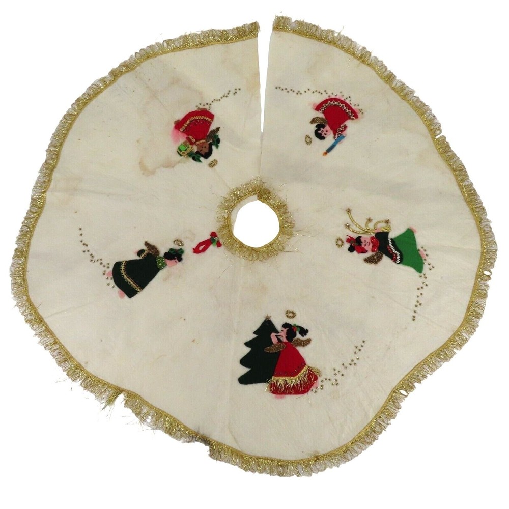 VTG Handmade 37in Christmas Tree Skirt Felt Metallic Gold Fringe Beaded Sequin