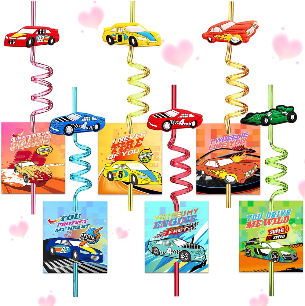 24 Valentines Day Gift Race Car Straws with Cards for Kids Classroom, Valentines-image