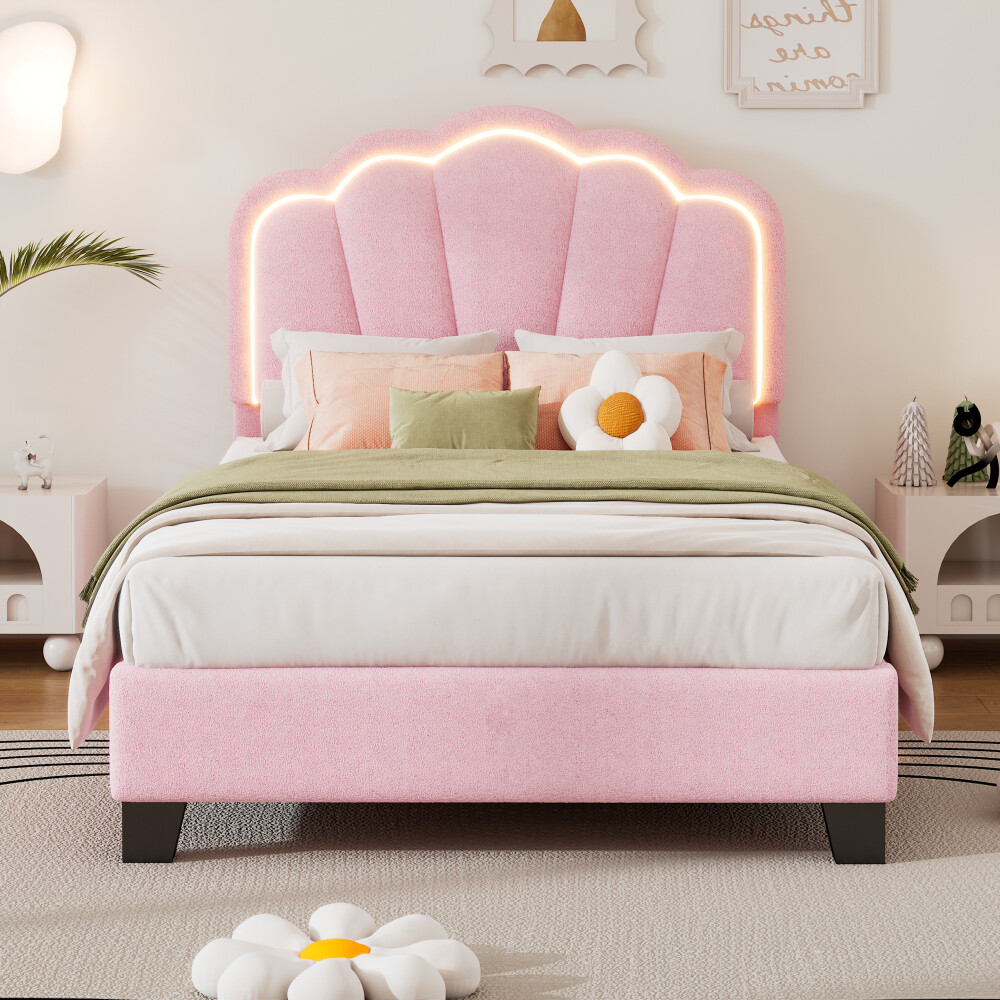 Twin Size Upholstered Platform Bed, Flowers Headboard w LED, Sherpa Fabric, Pink