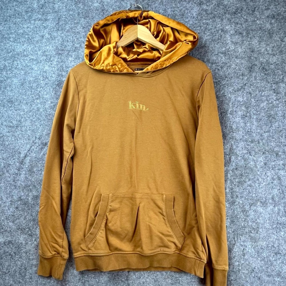 Kin Hoodie Mens Medium Brown Gold Logo Satin Lined Streetwear Lightweight