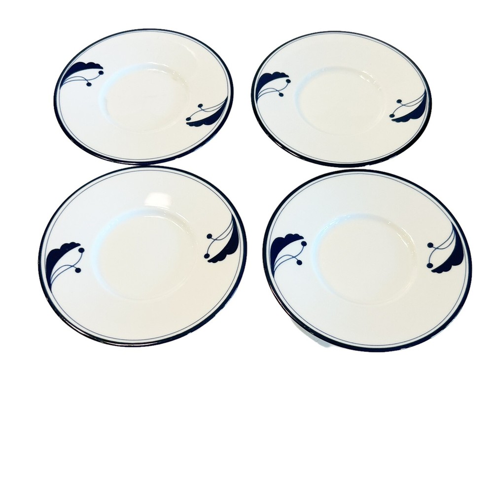 Set of 4 Dansk Flora Bayberry Blue Trim Floral Stems & Berries White Saucers Vtg
