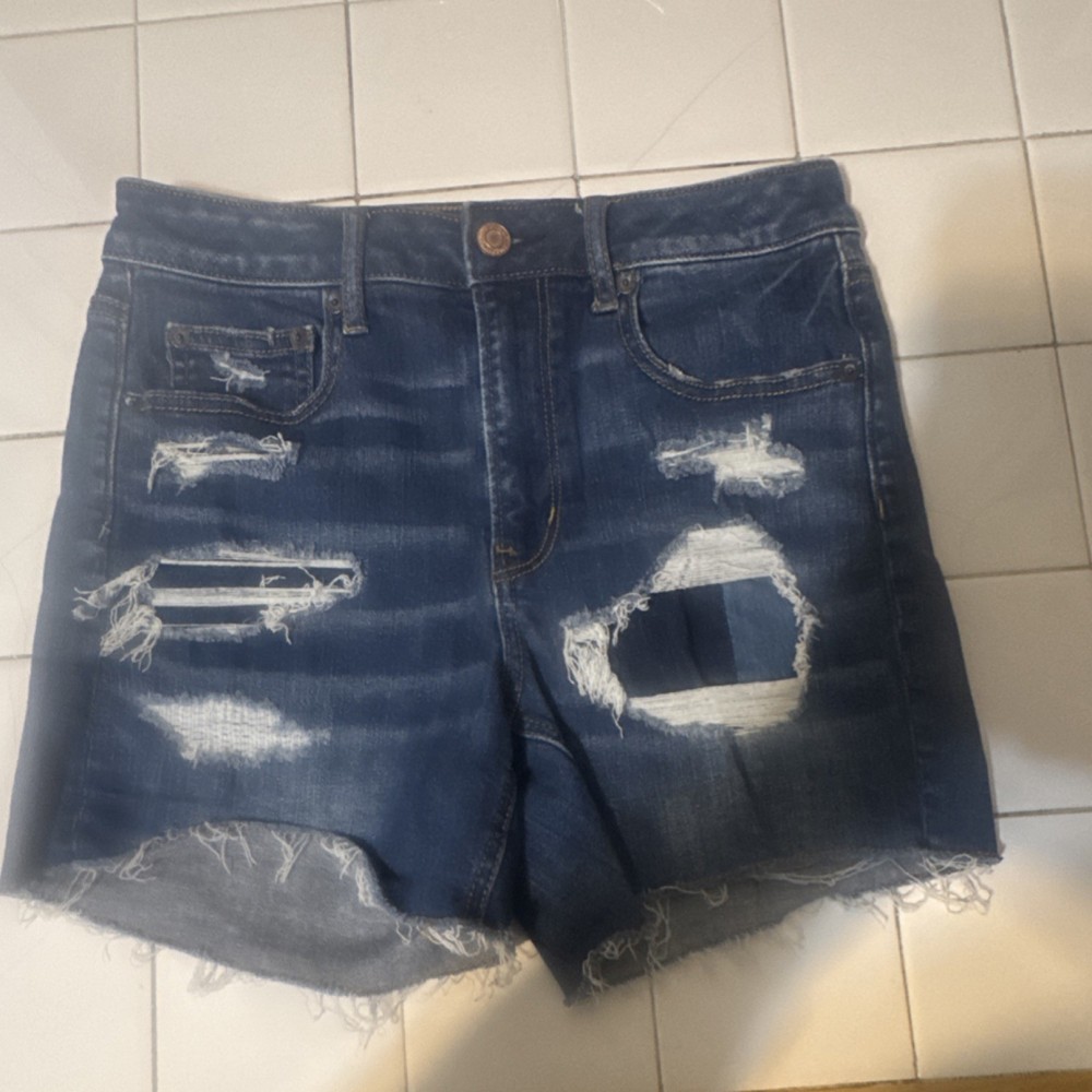American Eagle Outfitters Super Hi-Rise Shortie Blue Distressed Denim Shorts 4