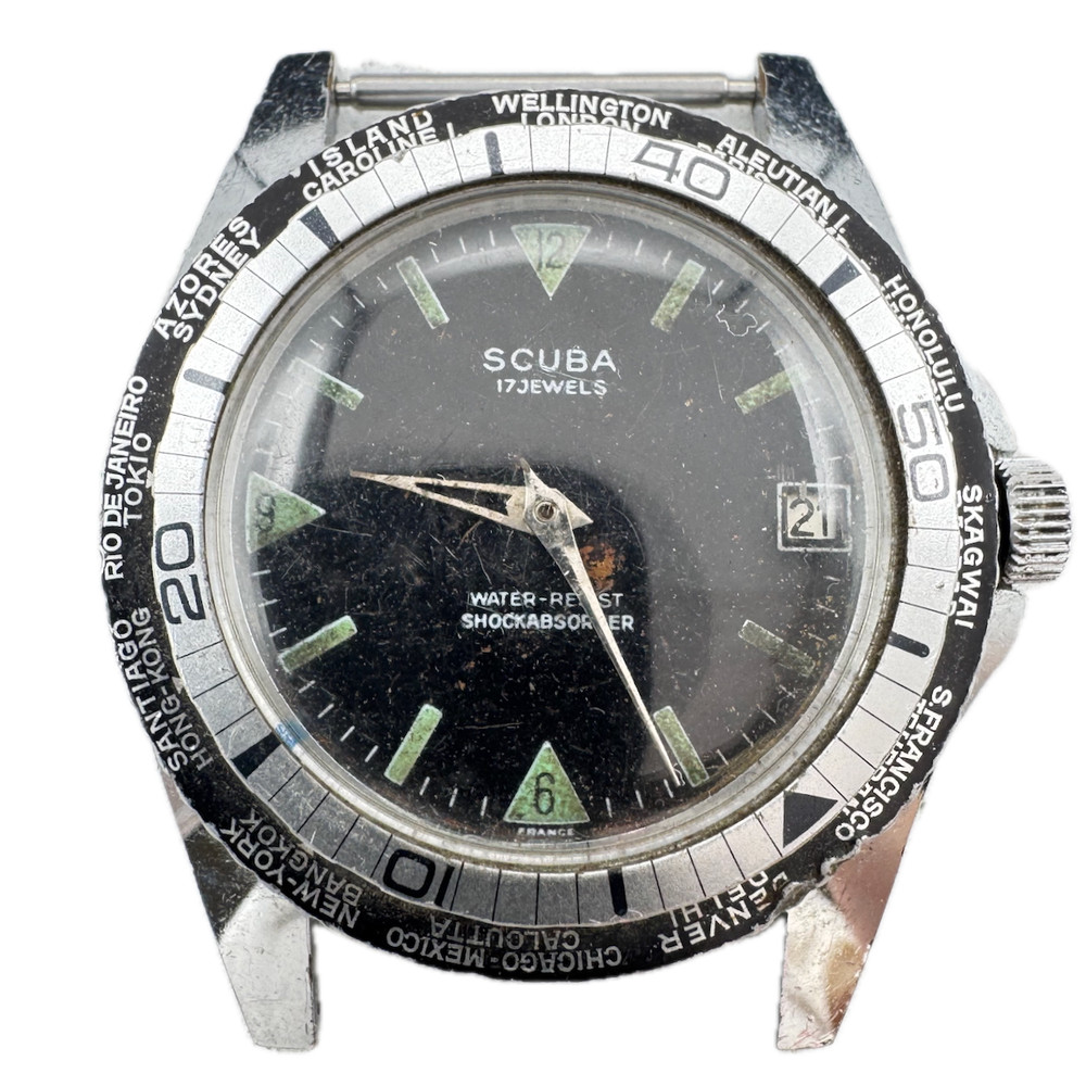 Vintage Scuba World Timer Men's Mechanical Wristwatch France Steel & Chrome