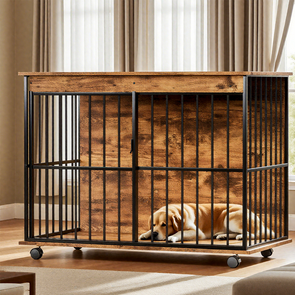 Dog crate with tray, featuring a wooden tabletop and sliding doors.