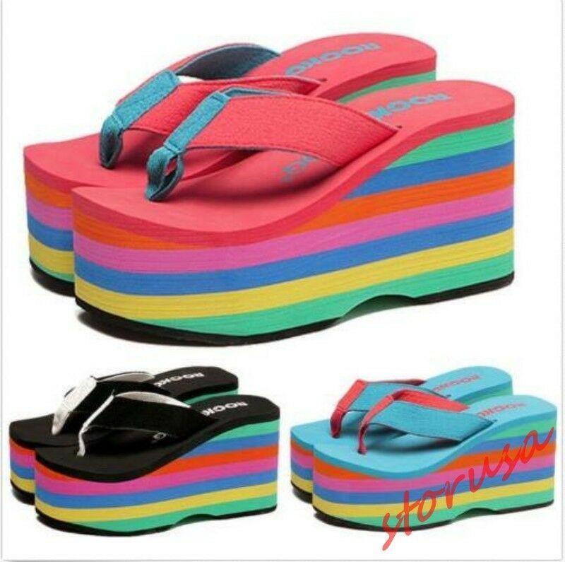 Women's Rainbow Platform Thong Wedge Sandals - High Heel Beach Flip Flops