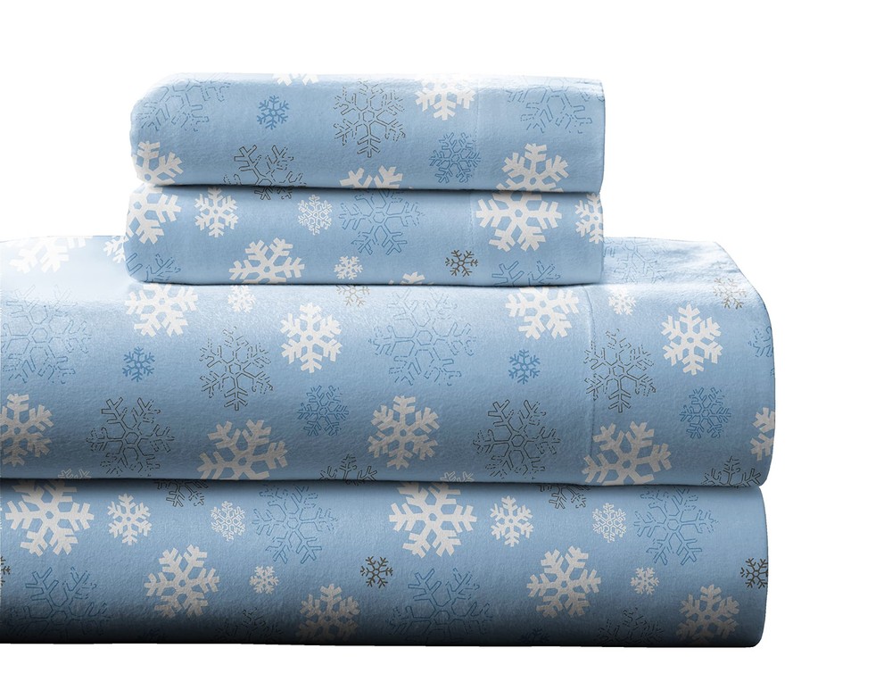Heavy Weight Flannel Cotton Sheet Set, Queen, Snow Flakes