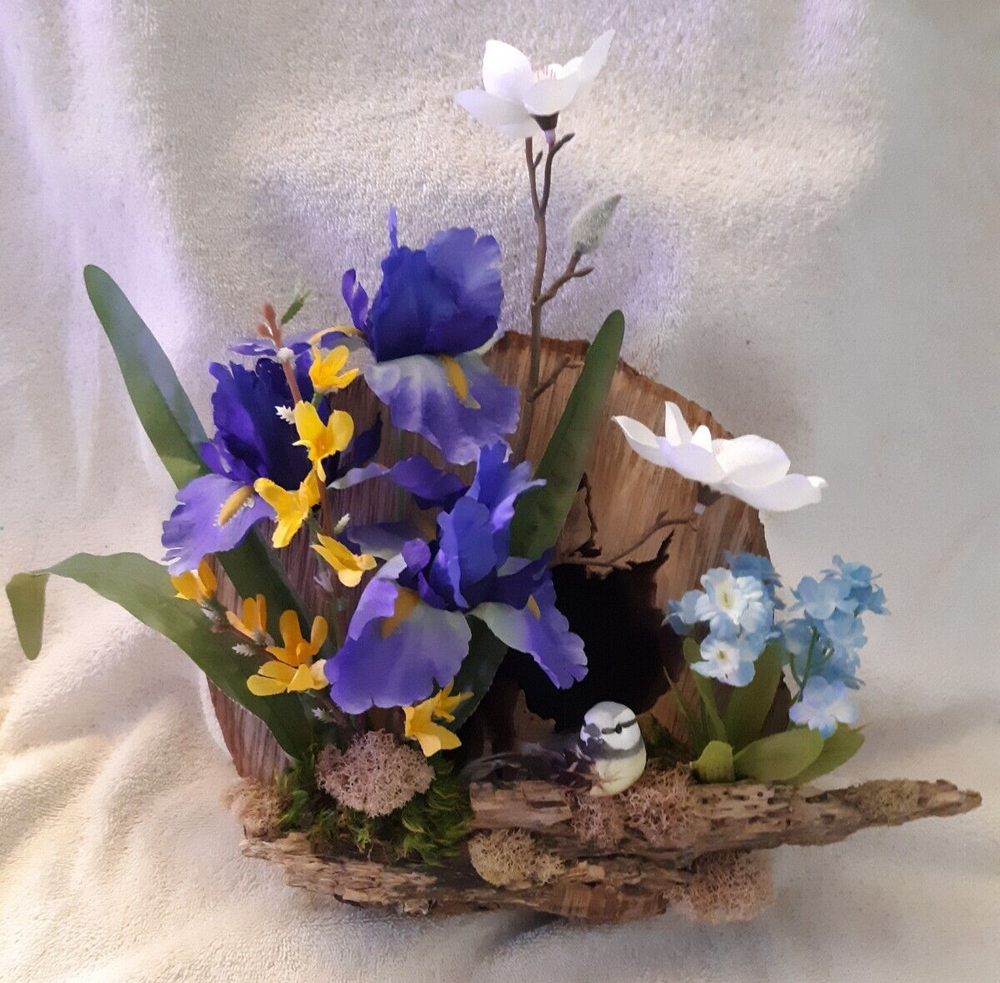 Spring Floral Wall Hanging with Faux Iris Forsythia Magnolias and Bird on Maple Wood  
