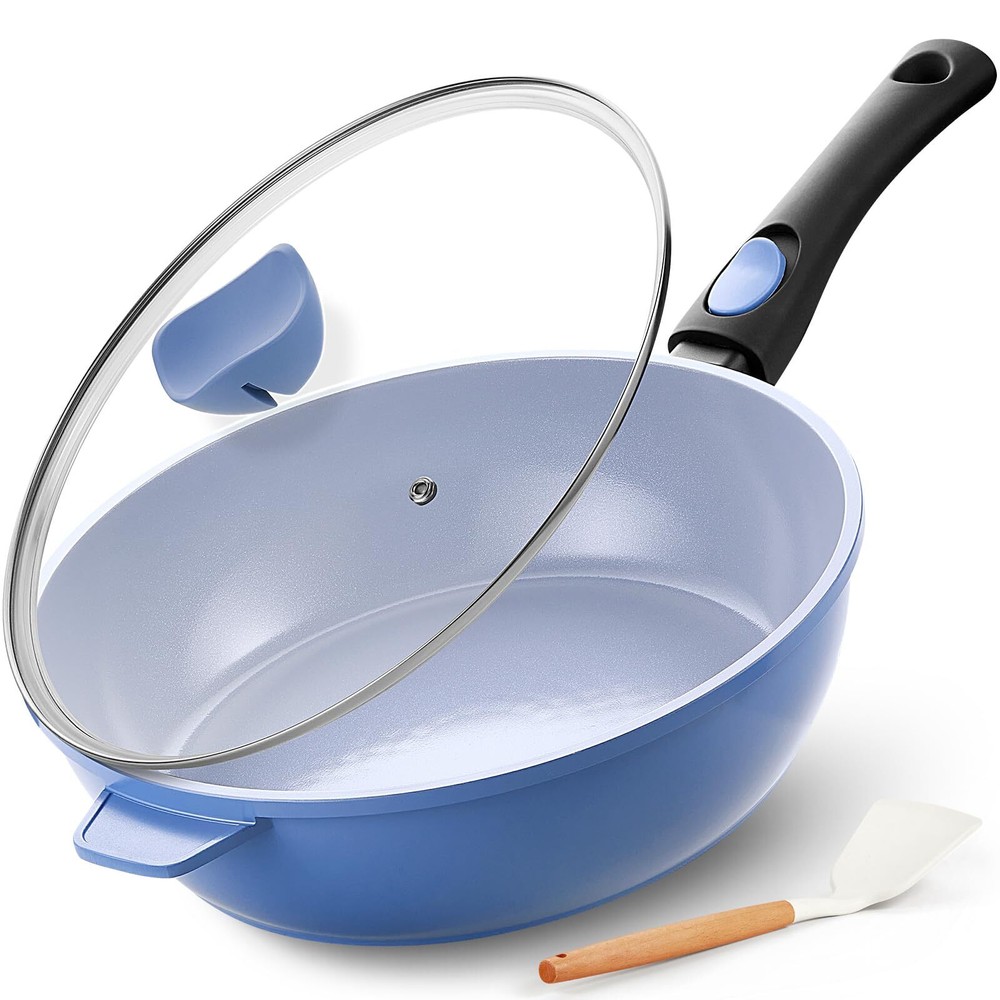 Ceramic Nonstick Deep Frying Pan, 11Inch Nonstick 4Qt Saute Pan with Helper H...