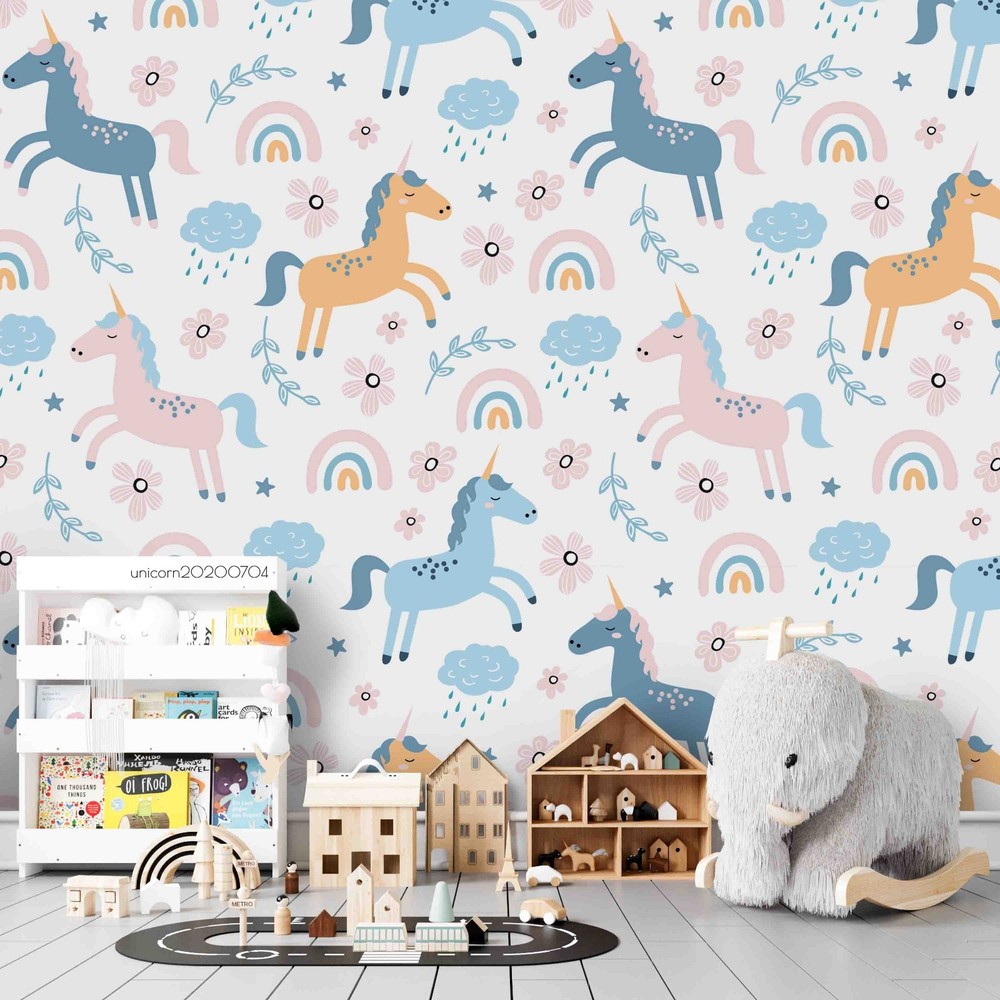 3D Unicorns Rainbow Clouds Pattern Wall Murals Wallpaper Murals Wall Sticker