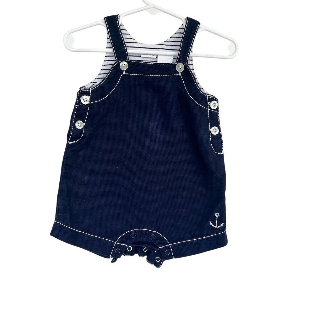 VTG Y2K Gymboree Baby Boy Navy Anchor Striped Shortall Romper 3-6 Mo Nautical