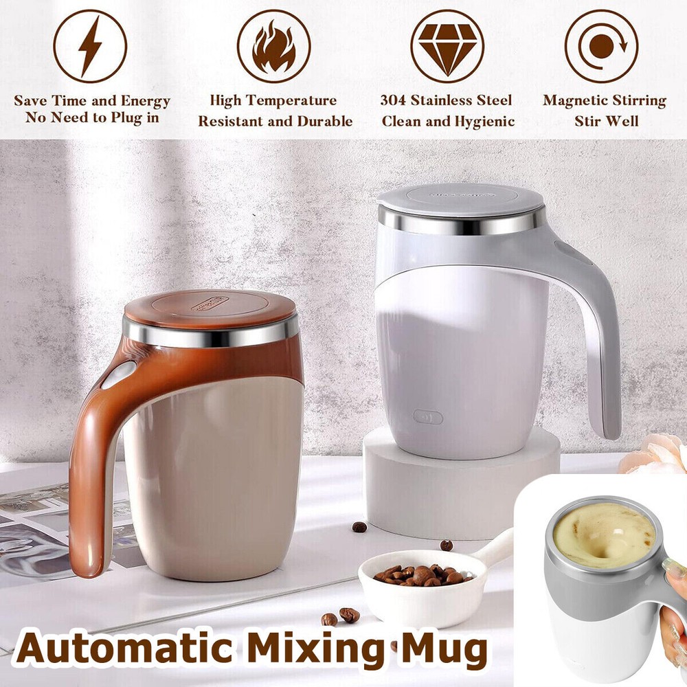 Self-stirring stainless steel coffee mug with magnetic mixing