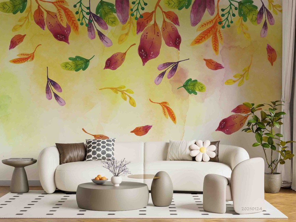 3D Autumn Plants Leaves Watercolor Wall Murals Wallpaper Murals Wall Sticker 2