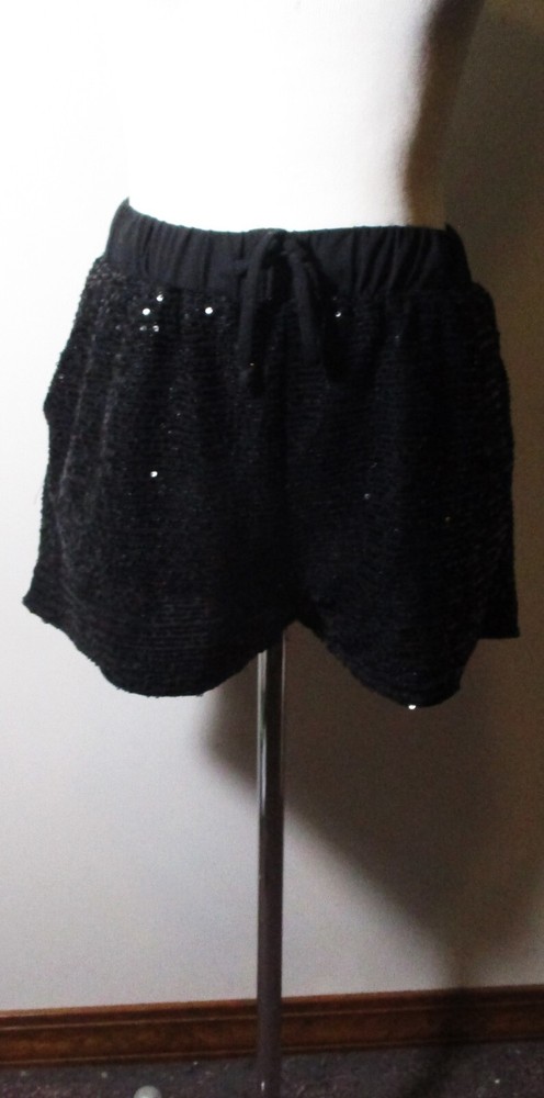 JESS LEA Black Heavy Sequin Beaded Drawstring Shorts Size M NWT