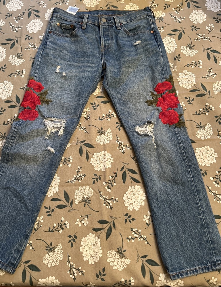 Levis 501 Womens Jeans 25x26 Blue Denim Crop Rose Embroidered Boho Button Fly