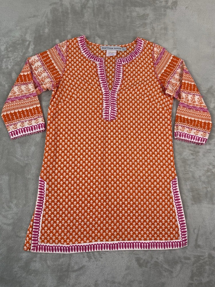 Gretchen Scott Tunic Dress Women XS Split Neck Ocean Orange Pink Artsy Shirt