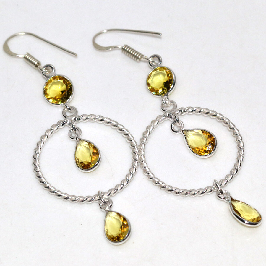 925 Silver-Plated Citrine Faceted Ethnic Long Earrings 2.6 Inch Jewelry JW