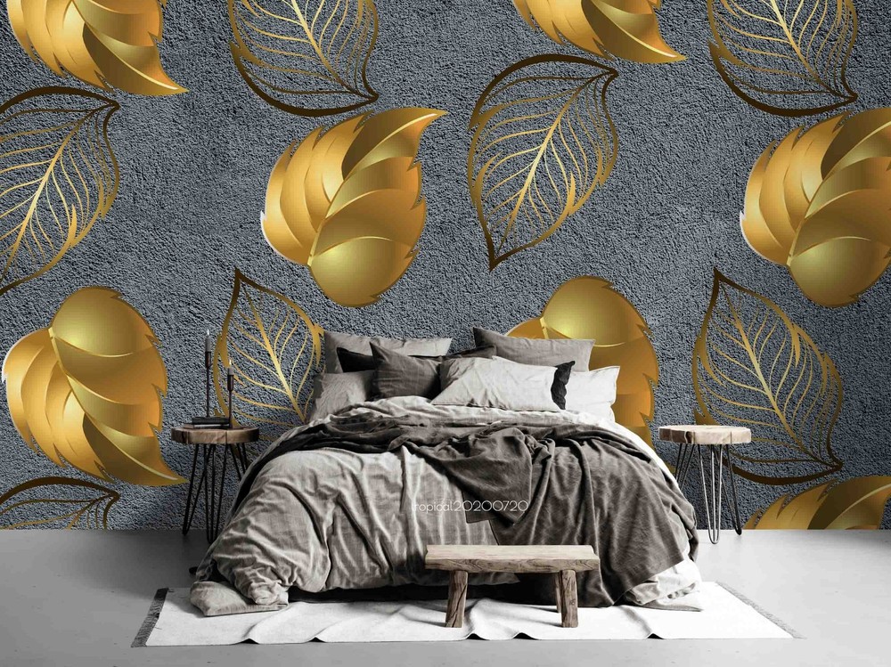 3D Gold Leaves Pattern Wall Murals Wallpaper Murals Wall Sticker