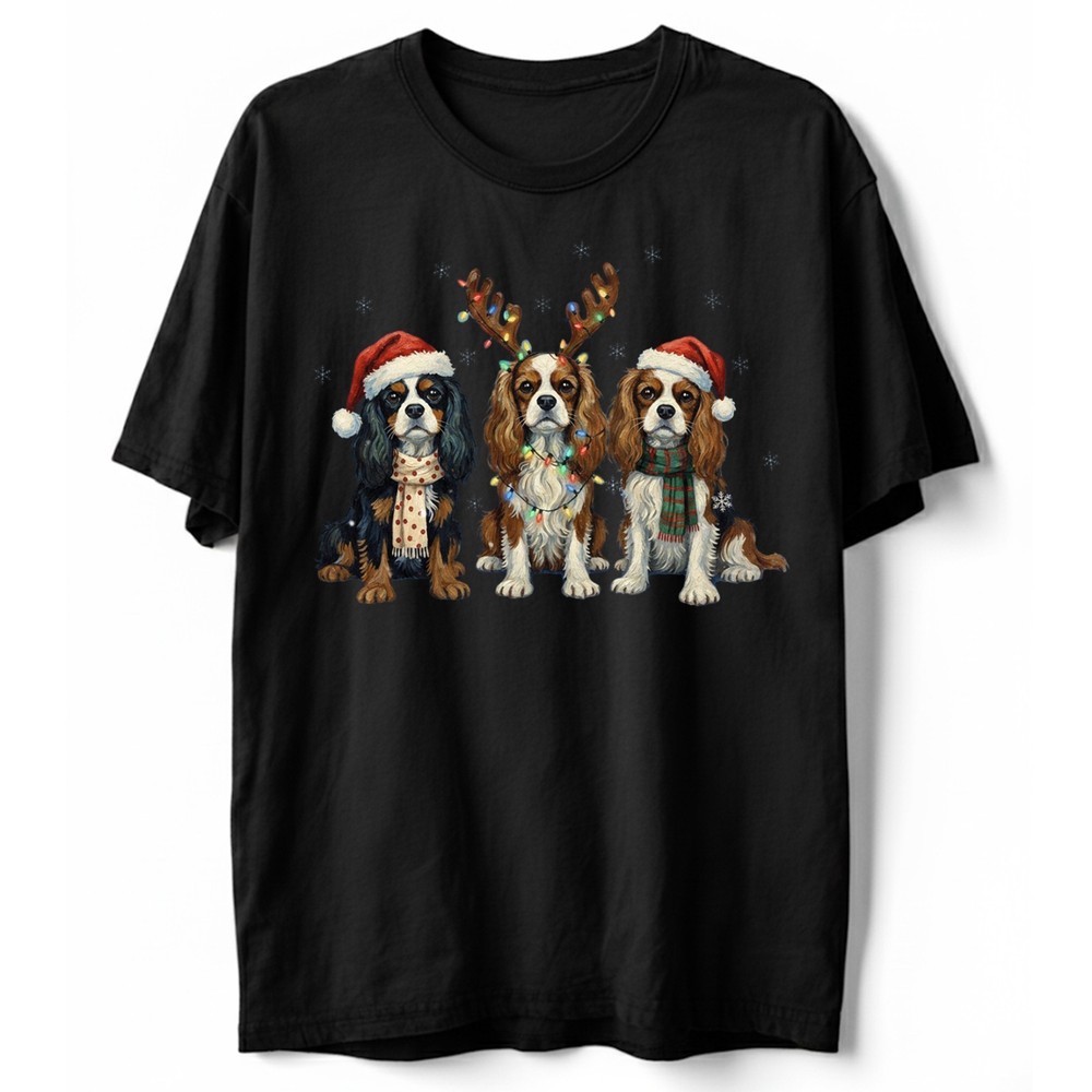 Christmas Cavalier King Charles Spaniel T-Shirt Dogs Santa Hat Reindeer Lights