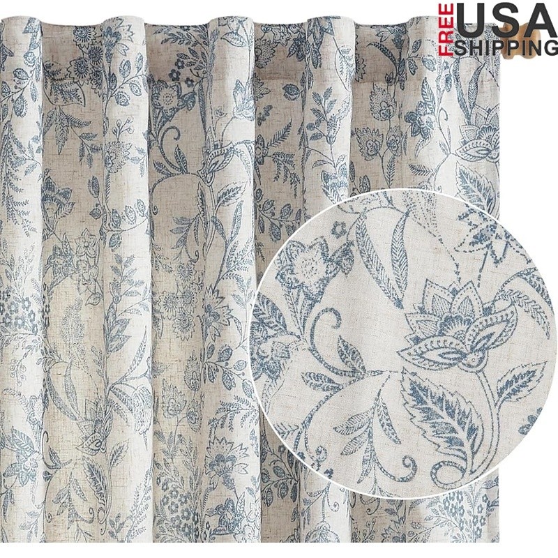 Elegant Peony Flower Linen Blend Curtains Privacy & Light Filtering 2 Panels New