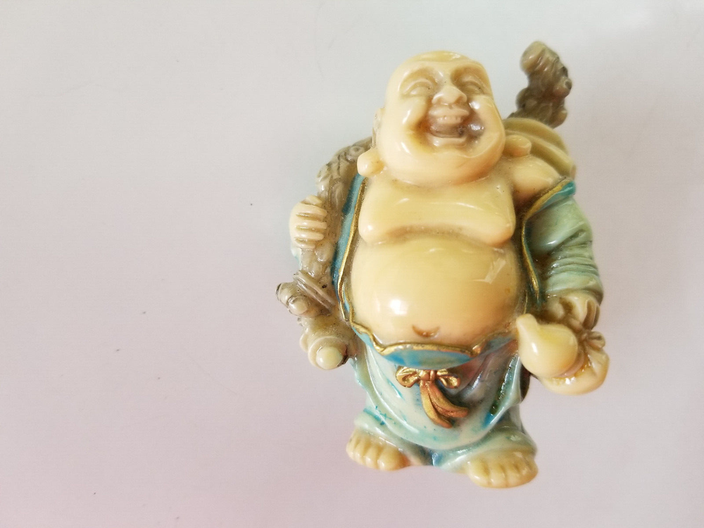 Miniature Resin Smiling Buddha Beige Green Accents 2.5