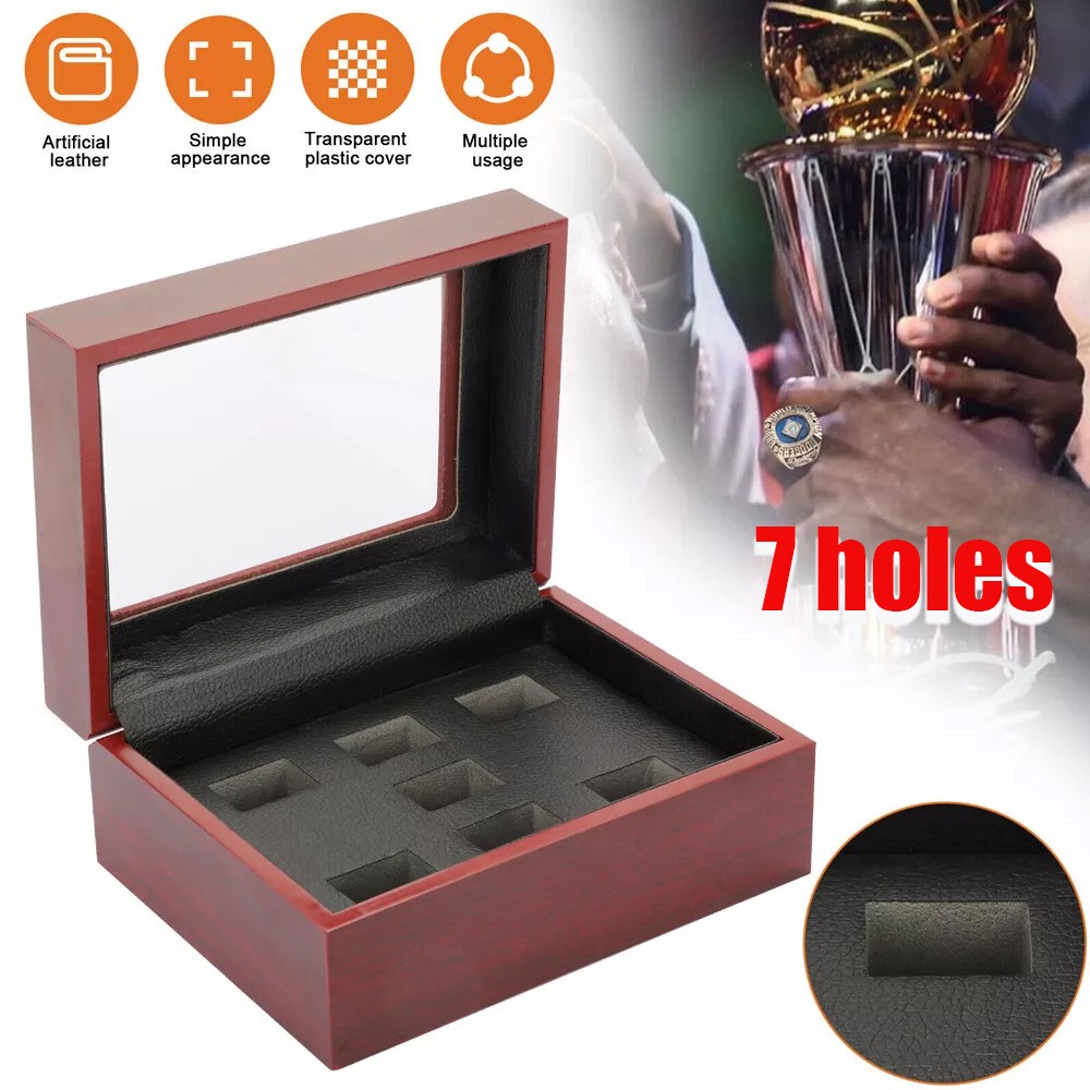 7-Hole Wooden Championship Ring Display Case for Collections