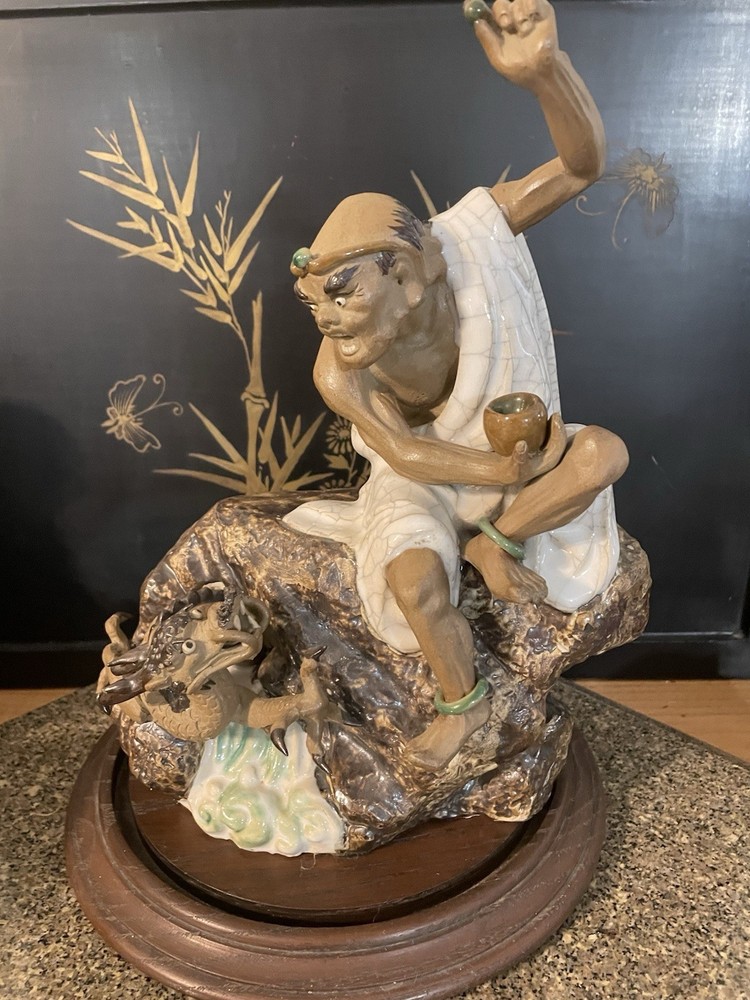 Vintage Shiwan Chinese Clay Figure/Luohan (降龍羅漢)/Mud Man/Taming Dragon Statue