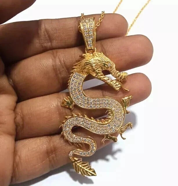 3Ct Round Lab-Grown Diamond Men's Dragon Pendant in 14K Yellow Gold