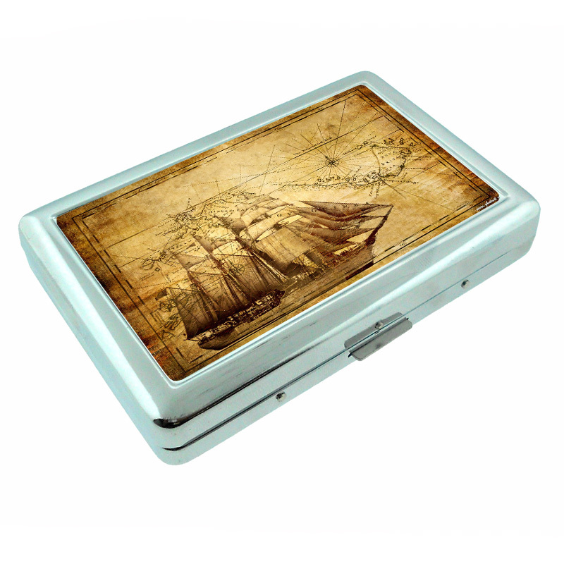 Vintage Pirate Ship D5 Silver Metal Cigarette Case RFID Protection Wallet