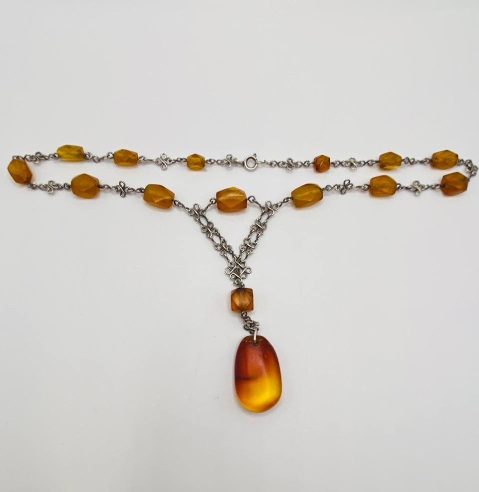 Vintage Soviet Silver 875 Amber Necklace Kaliningrad