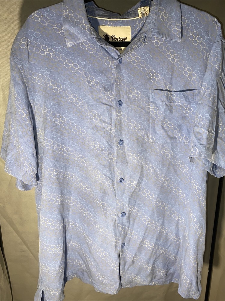 Vintage Silk Circa 1969 Hawaiian Shirt Men's 2XL Aloha Camp Blue Geometric Golf