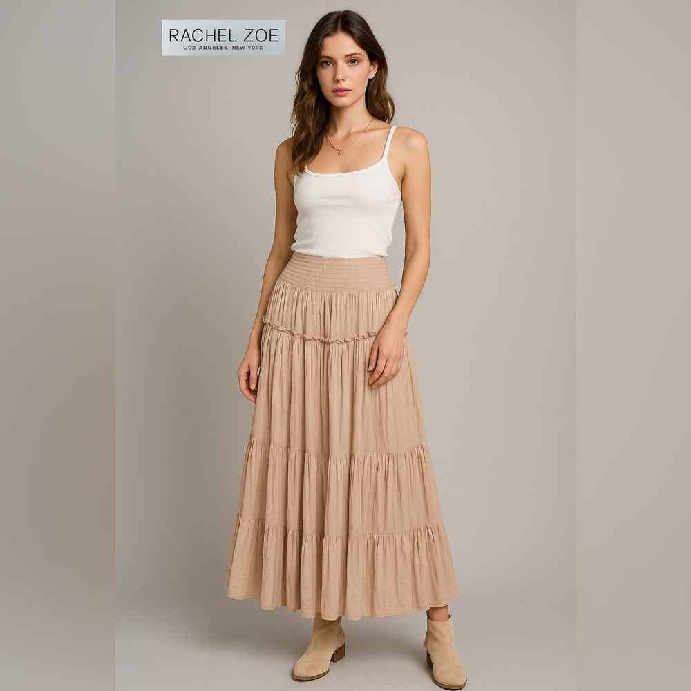 Rachel Zoe Tiered Midi Skirt Large Elastic Waist Neutral Beige Boho