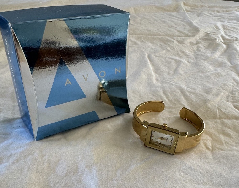 Avon Gold Tone Womens Quartz Watch with Hinged Cuff Band and Square Face Japan Movement