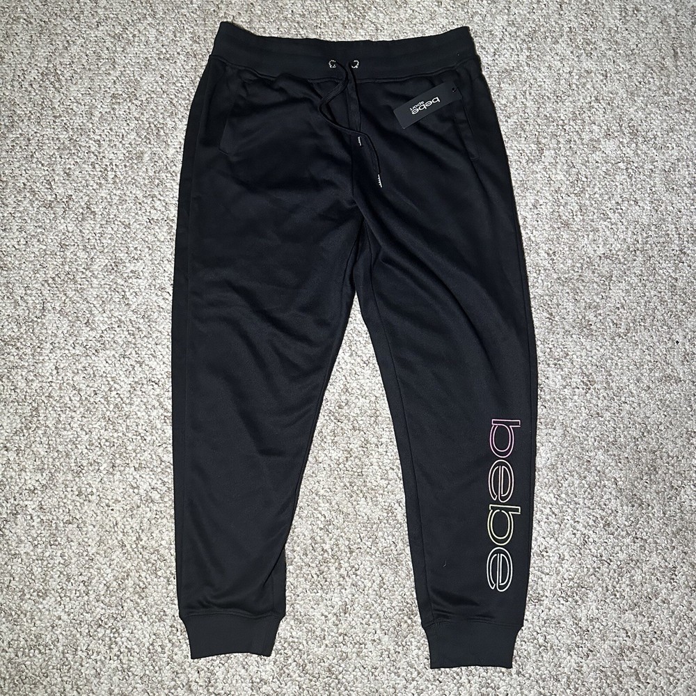 NWT Bebe Sport Rainbow Side Logo Adjustable Black Jogger Sweat Pants Size XL
