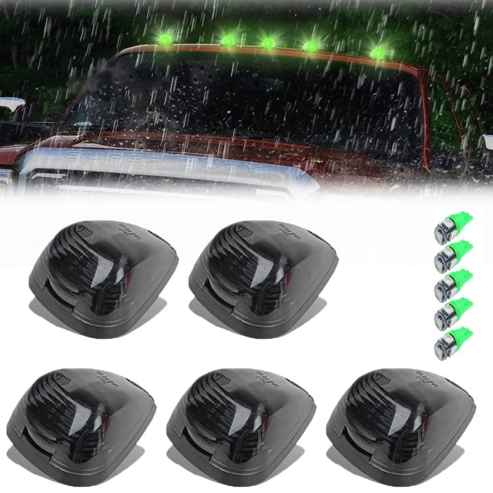 GLOFE 5X Black Smoke Roof Marker Running Lights with Green LED Lamps