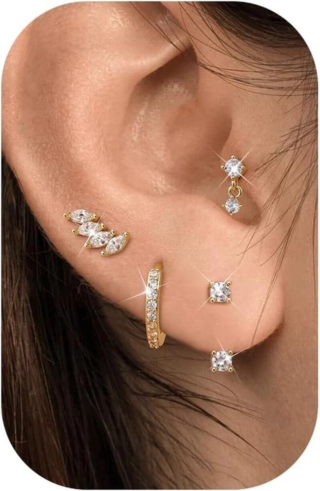 14K Gold Stud Earrings for Women - 4 Pairs Dainty Hypoallergenic Flat Back Cartilage Earrings