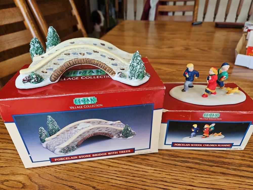 Lemax Village Stone Bridge Tree Table Accent and School Children Set